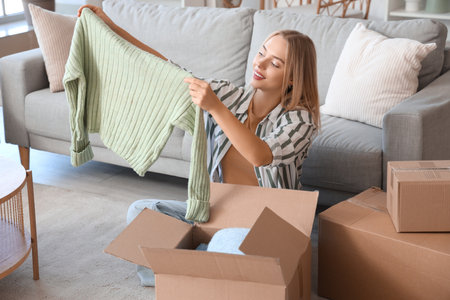 Young woman putting sweaters in box at homeの写真素材