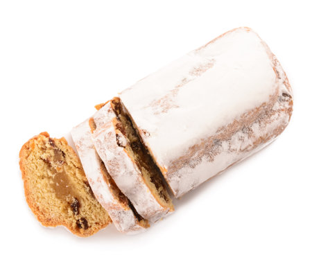 Tasty Christmas stollen on white backgroundの写真素材