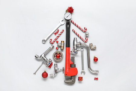 Christmas tree made of plumber's items and decorations on light backgroundの写真素材