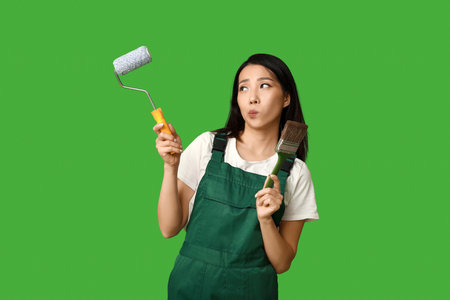 Female Asian thoughtful painter with roller and brush on green backgroundの写真素材