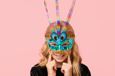 Smiling little girl wearing carnival mask on pink backgroundの写真素材