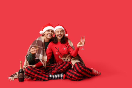 Happy young couple in Christmas pajamas and with champagne on red backgroundの写真素材