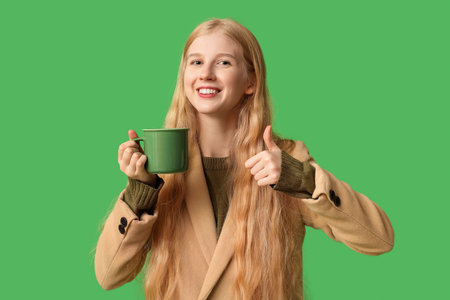 Beautiful young happy woman with cup of tea showing thumb-up gesture on green backgroundの写真素材