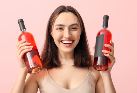 Beautiful young woman with bottles of wine on pink backgroundの写真素材