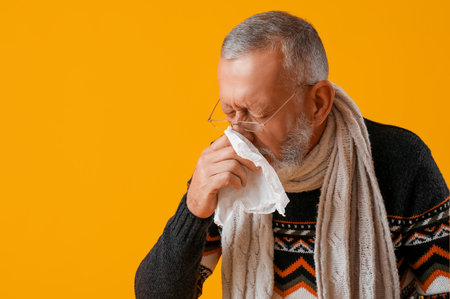 Sick mature man with tissue sneezing on yellow background, closeupの写真素材