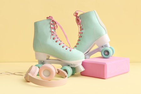 Roller skates and headphones on yellow background