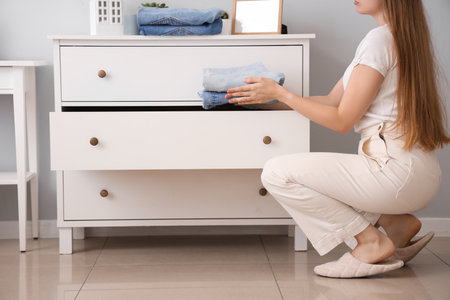 Woman putting clothes into chest of drawers at homeの写真素材