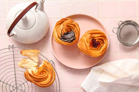 Plate with tasty cruffins and teapot on pink tile backgroundの写真素材
