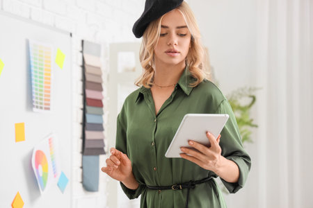 Female interior designer working with tablet computer in officeの写真素材
