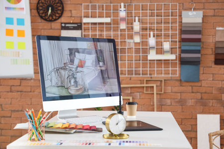 Interior designer's workplace with computer monitor and graphic tablet in officeの写真素材