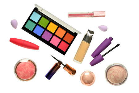 Different decorative cosmetics and sponges on white backgroundの写真素材