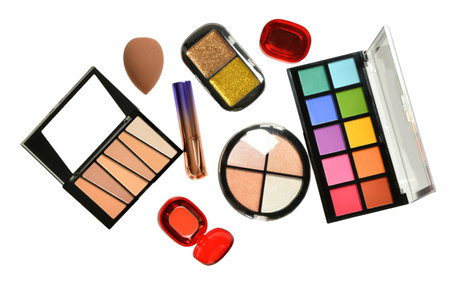 Different decorative cosmetics and sponge on white backgroundの写真素材