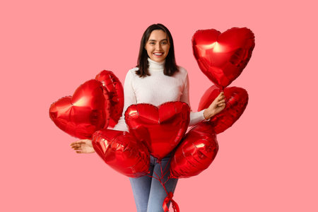 Beautiful young woman with air balloons in shape of heart on pink background. Valentine's Day celebrationの写真素材