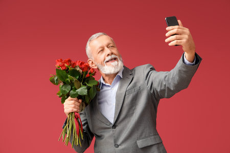 Mature man with bouquet of roses taking selfie on red background. Valentine's day celebrationの写真素材