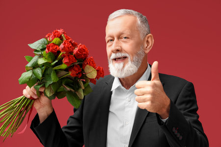 Mature man with bouquet of roses showing thumb-up on red background. Valentine's day celebrationの写真素材