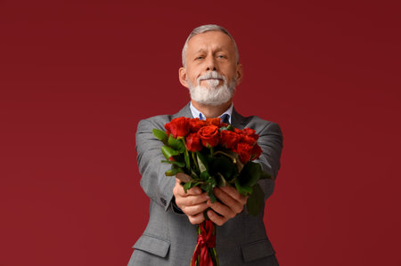 Mature man with bouquet of roses for Valentine's day on red backgroundの写真素材