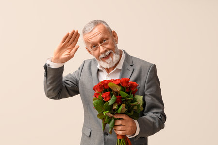 Mature man with bouquet of roses waving hand on white background. Valentine's day celebrationの写真素材
