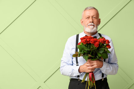Mature man with bouquet of roses on green background. Valentine's day celebrationの写真素材
