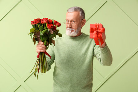 Mature man with bouquet of roses and gift for Valentine's day on green backgroundの写真素材