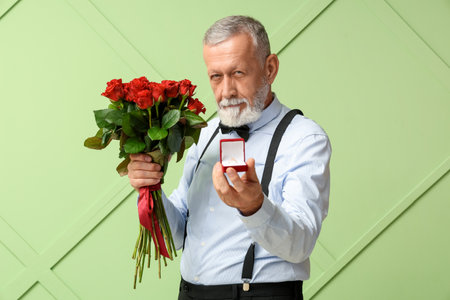 Mature man holding bouquet of roses and box with engagement ring on green background. Valentine's day celebrationの写真素材
