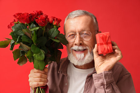 Mature man with bouquet of roses and gift for Valentine's day on red backgroundの写真素材