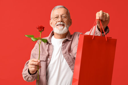 Mature man with rose flower and shopping bag on red background. Valentine's day celebrationの写真素材