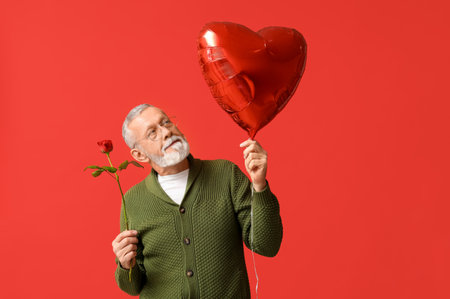Mature man with rose flower and air balloon in shape of heart for Valentine's day on red backgroundの写真素材