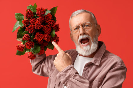 Mature man pointing at bouquet of roses on red background. Valentine's day celebrationの写真素材