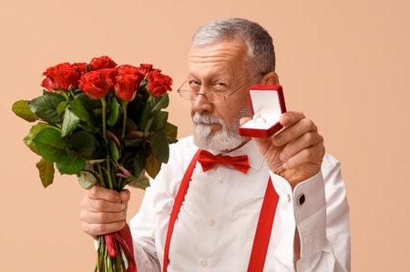 Mature man holding bouquet of roses and box with engagement ring on beige background. Valentine's day celebrationの写真素材