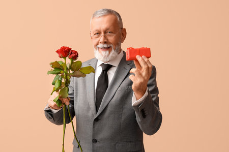 Mature man with rose flowers and gift for Valentine's day on beige backgroundの写真素材