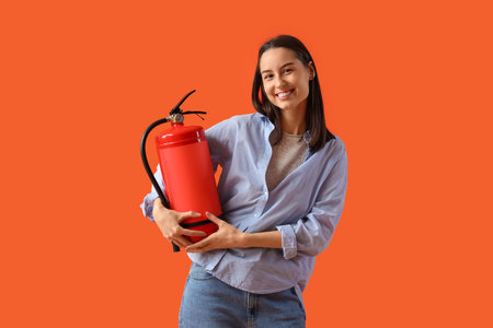 Young woman with fire extinguisher on orange backgroundの写真素材