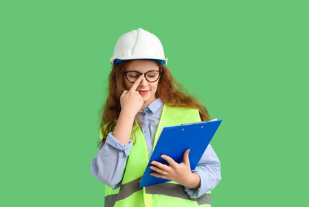 Female construction worker in eyeglasses with clipboard on green backgroundの写真素材