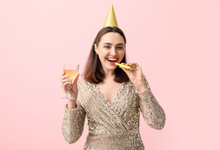 Beautiful young woman in party hat with glass of white wine and whistle on pink backgroundの写真素材
