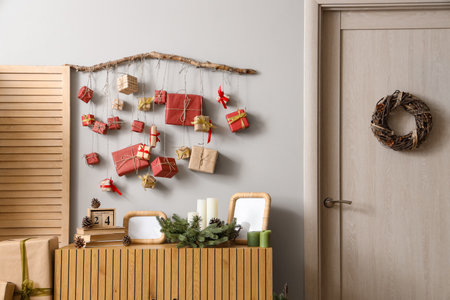 Interior of festive hallway with Christmas decorationsの写真素材
