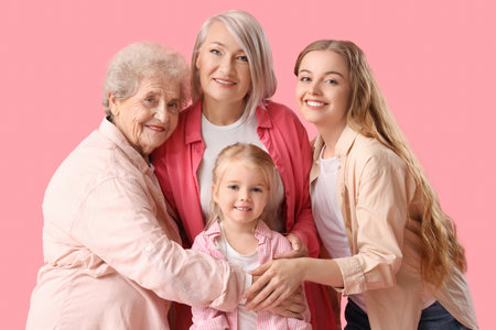 Little girl with her family hugging on pink backgroundの写真素材