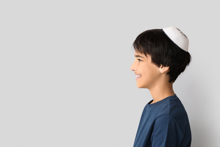 Little Israeli boy in kipa on gray backgroundの写真素材