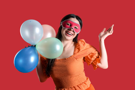 Happy young woman in carnival mask with balloons on red backgroundの写真素材