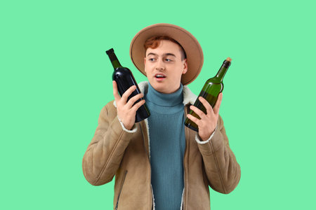 Young man with bottles of wine on green backgroundの写真素材