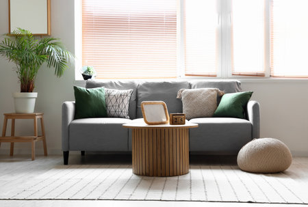 Interior of light living room with gray sofa, houseplants and wooden coffee tableの写真素材