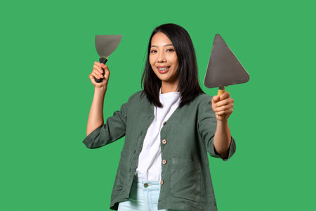 Young Asian woman with trowels on green backgroundの写真素材