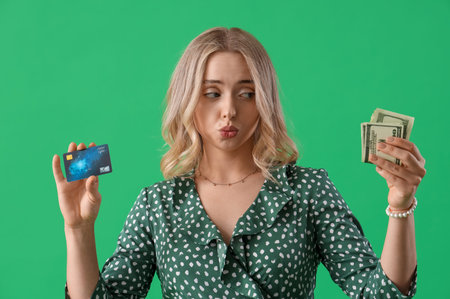 Thoughtful young woman with credit cards on green background