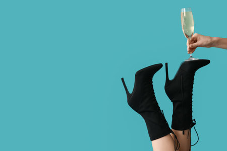 Female legs in high heel shoes with glass of champagne on blue background. New year party conceptの写真素材