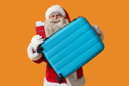 Santa Claus with suitcase, tickets and passport on yellow background. Christmas vacation conceptの写真素材