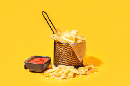 French fries in metal basket with ketchup on orange background