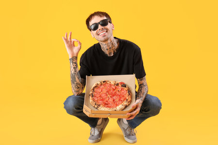 Handsome tattooed young man with tasty pizza showing OK gesture on yellow backgroundの写真素材