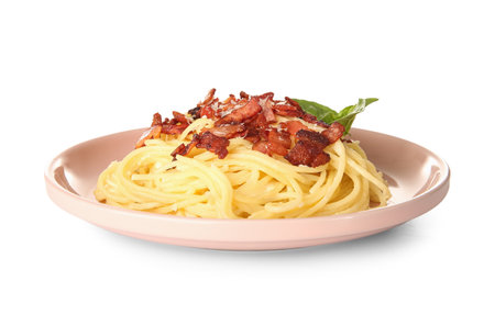 Plate with tasty pasta carbonara on white backgroundの写真素材
