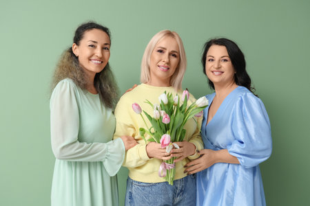 Mature women with bouquet of beautiful tulips on green background. International Women's Dayの写真素材