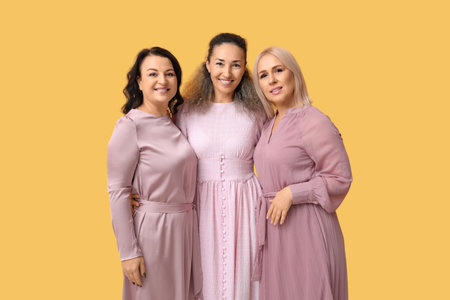 Beautiful mature women on yellow background. International Women's Dayの写真素材