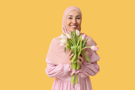 Happy mature Muslim woman with bouquet of beautiful tulips on yellow background. International Women's Dayの写真素材