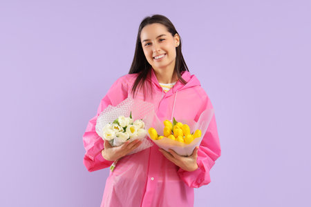 Young woman in raincoat with bouquets of tulips on lilac background. International Women's Dayの写真素材
